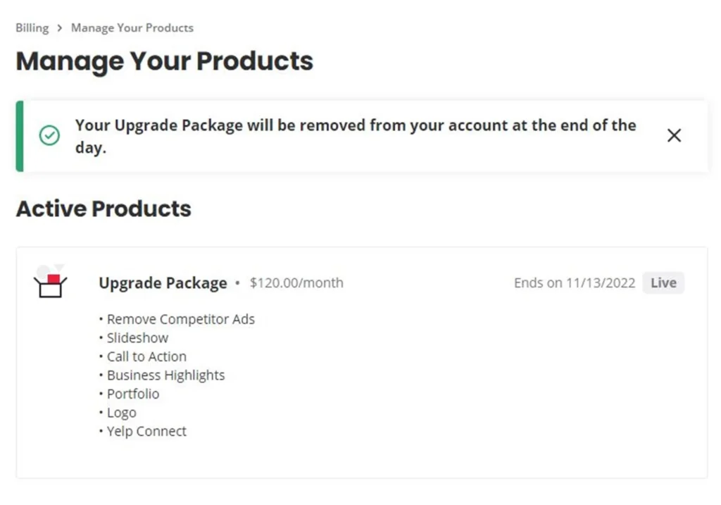 Yelp Manage Products on Ads